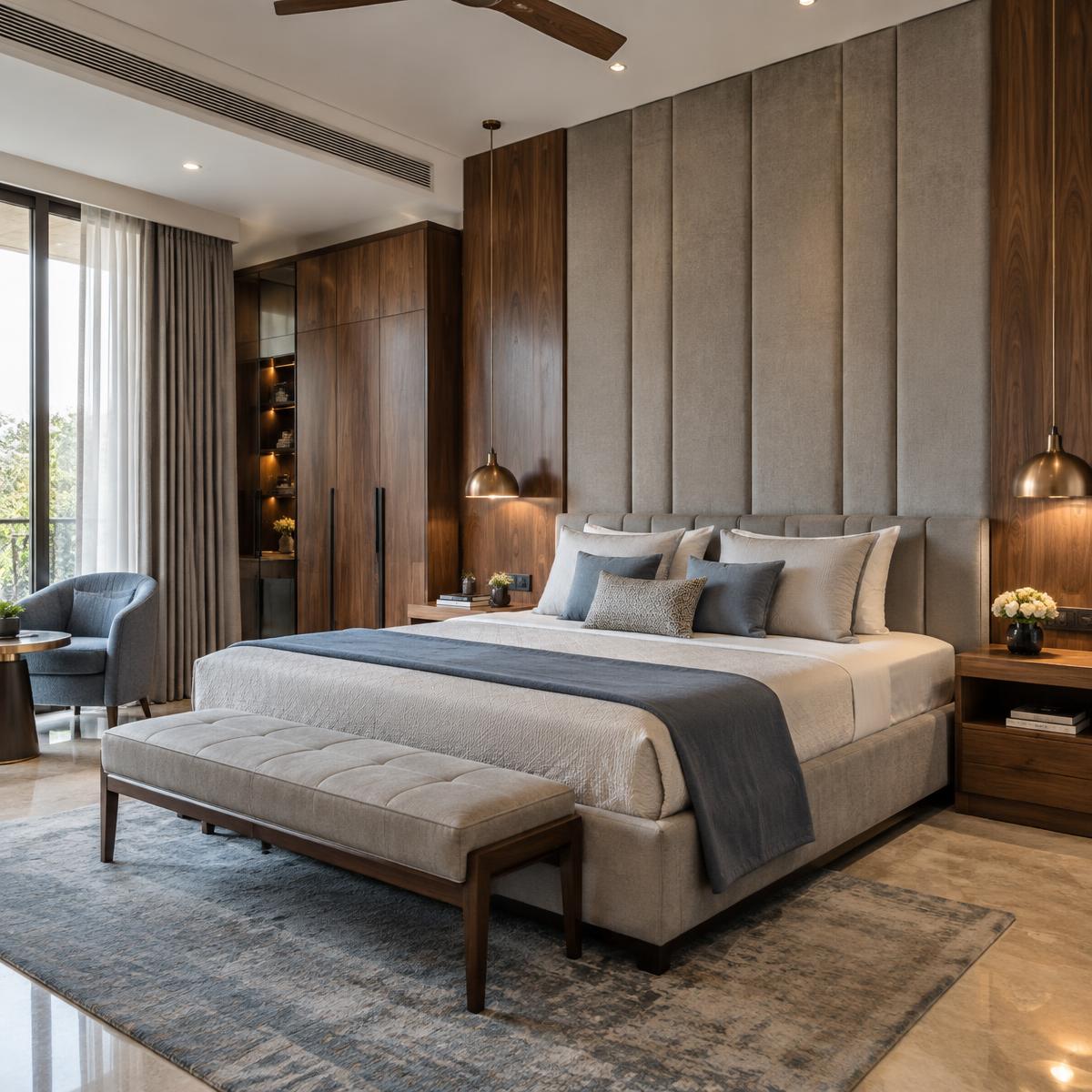 Illustrative luxury bedroom with built-in wardrobes