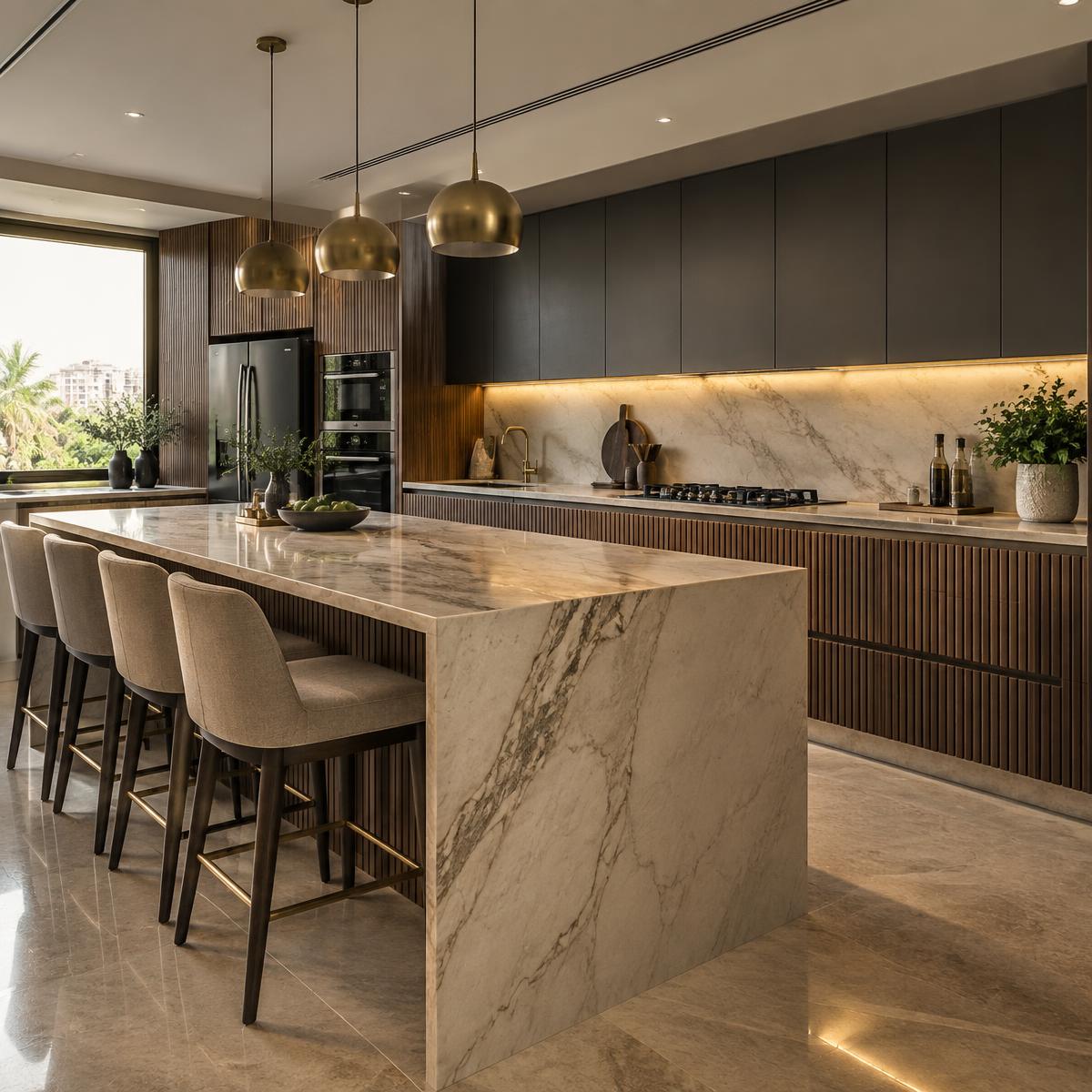 Illustrative premium modular kitchen with stone island